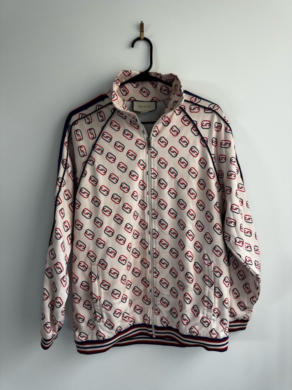 Gucci Cream Bomber Jacket with Red & Navy Logo Print
